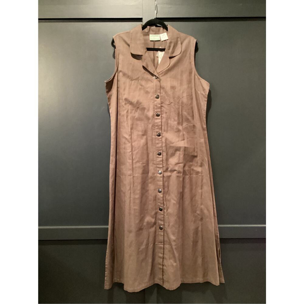 220 Hickory Vintage Brown Cotton Linen Sleeveless button down Midi Dress XL NWT